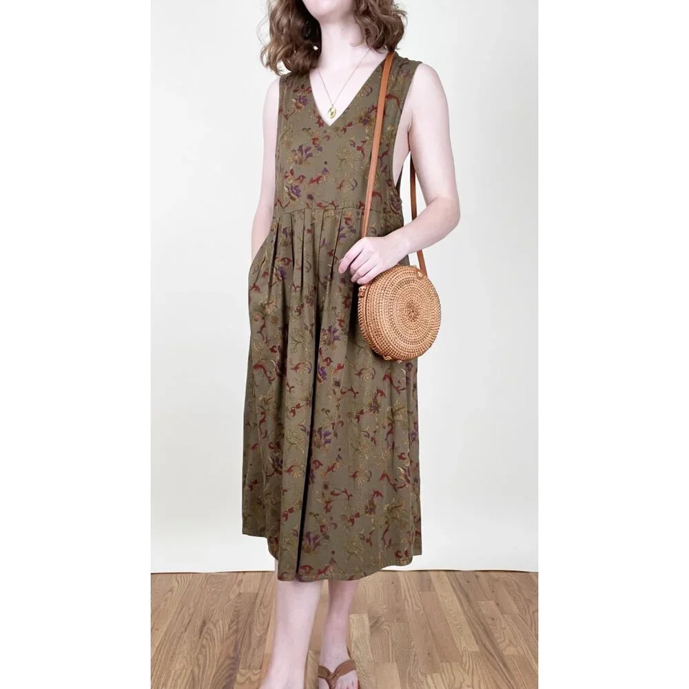 Vintage Floral Pinafore Midi Maxi Dress Pleated Relaxed Fit Whimsigoth Rustic - Picture 2 of 8